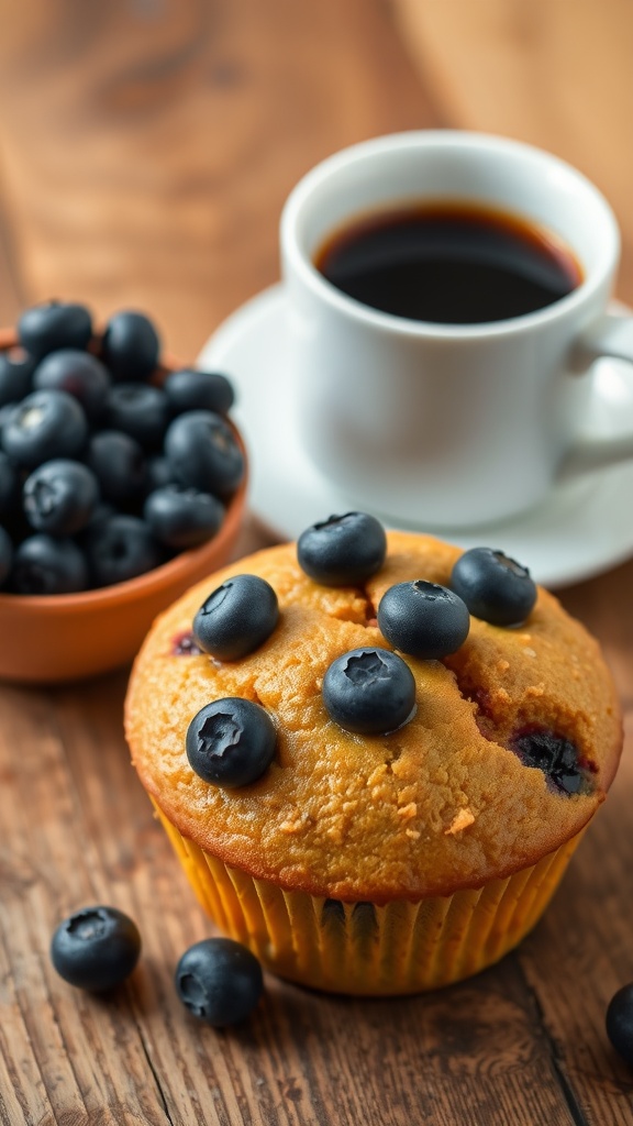 Fluffy blueberry muffin on a wooden table next to fresh blueberries and a cup of coffee.